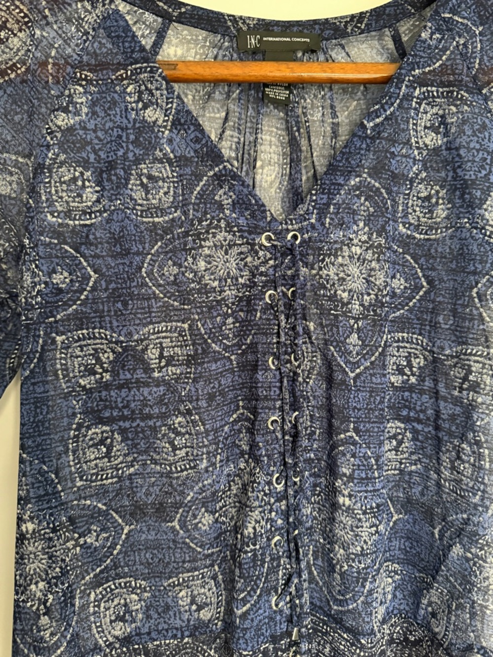 INC International Concepts Blue Printed Sheer Lace-Up Blouse Business Casual - Picture 3 of 6